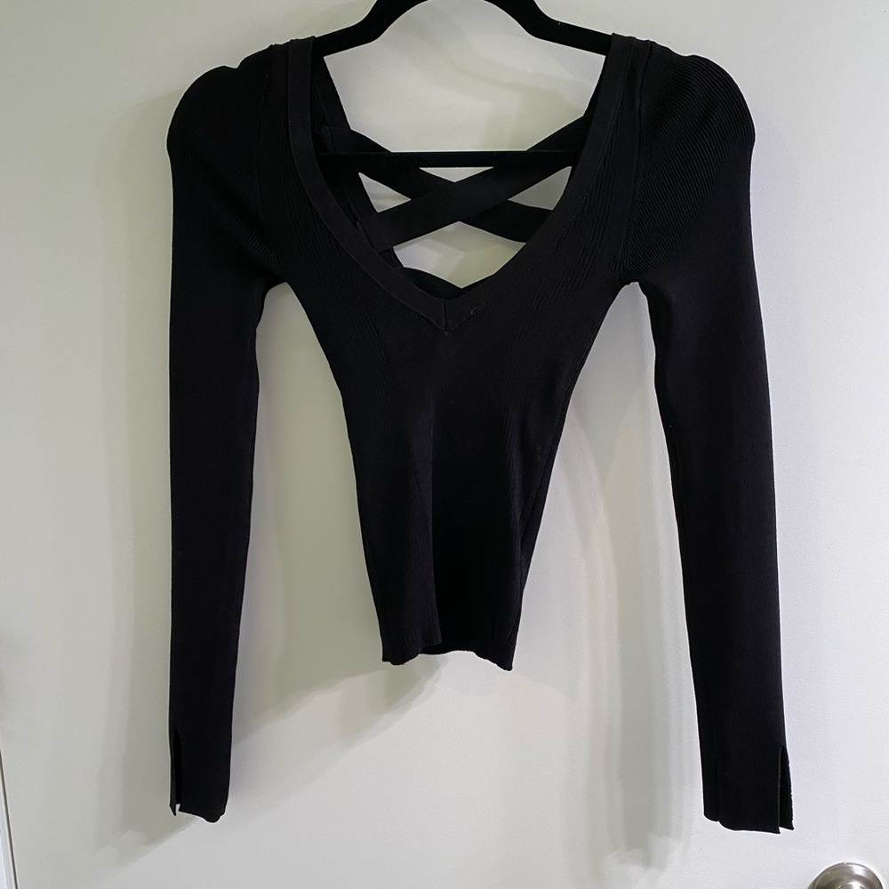 Ribbed Split Sleeve Criss Cross Top